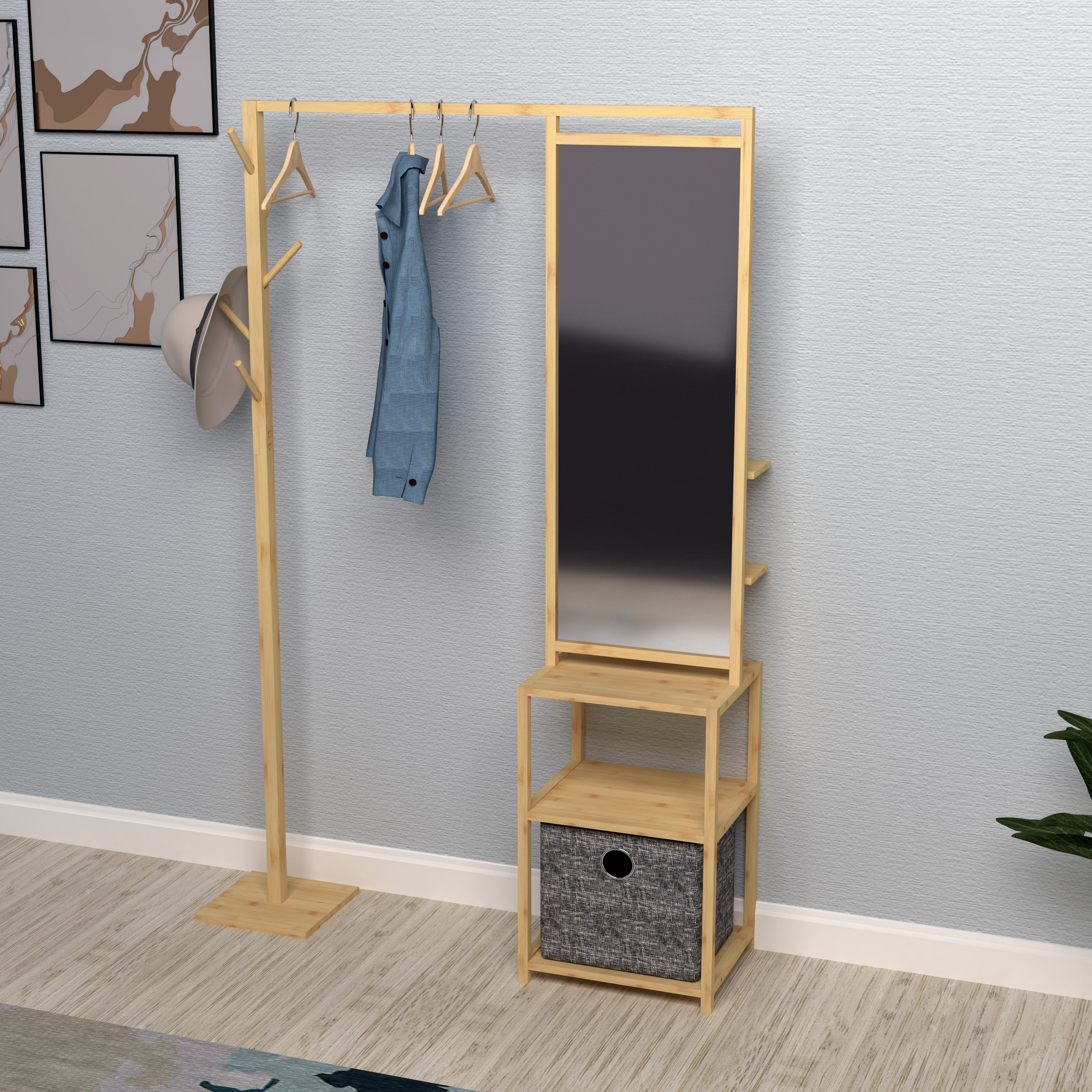 Tall Bamboo Clothes Rack with Storage And Mirror